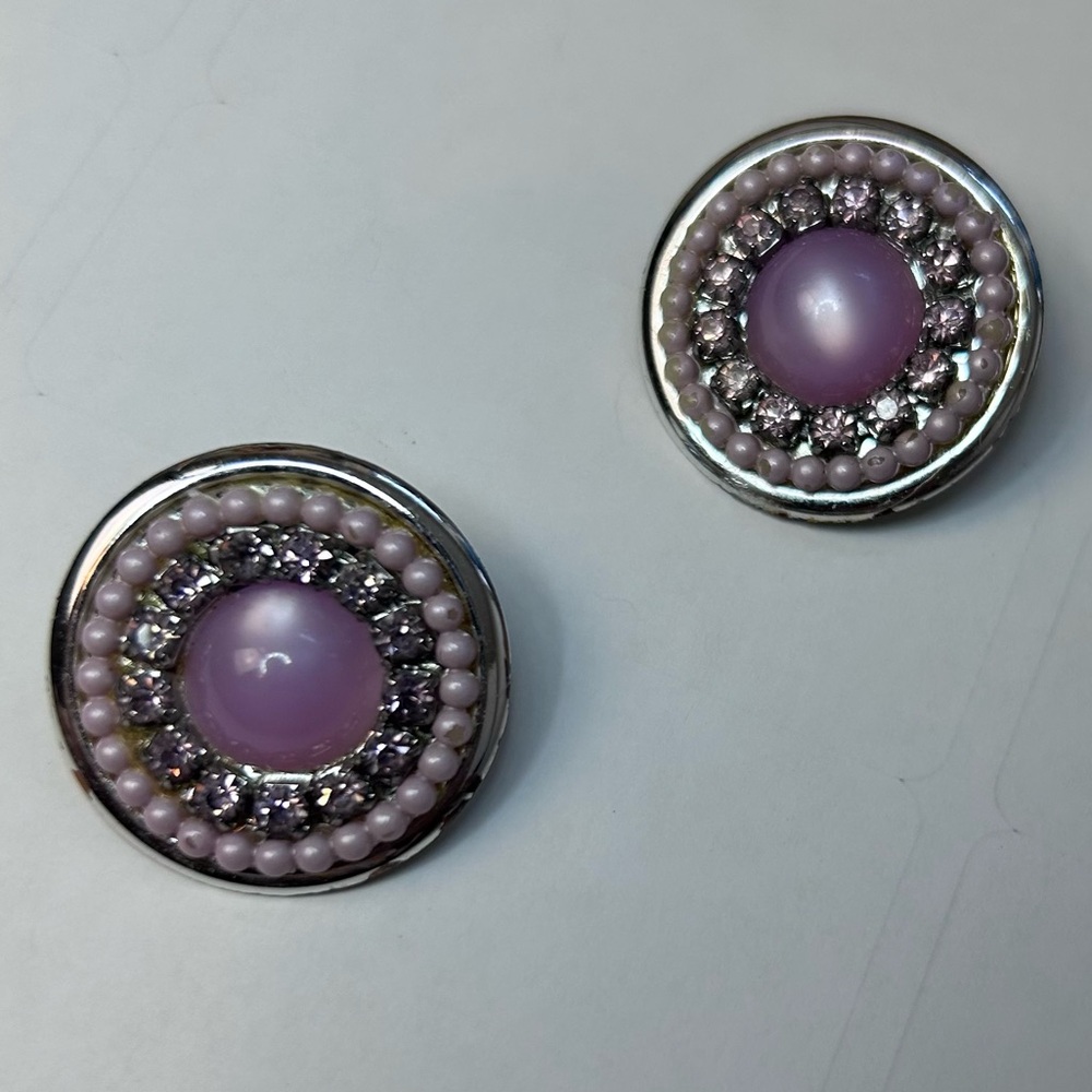 Costume jewelry Round clips on‎ earrings pink white pearls with rhinestones - Picture 7 of 10